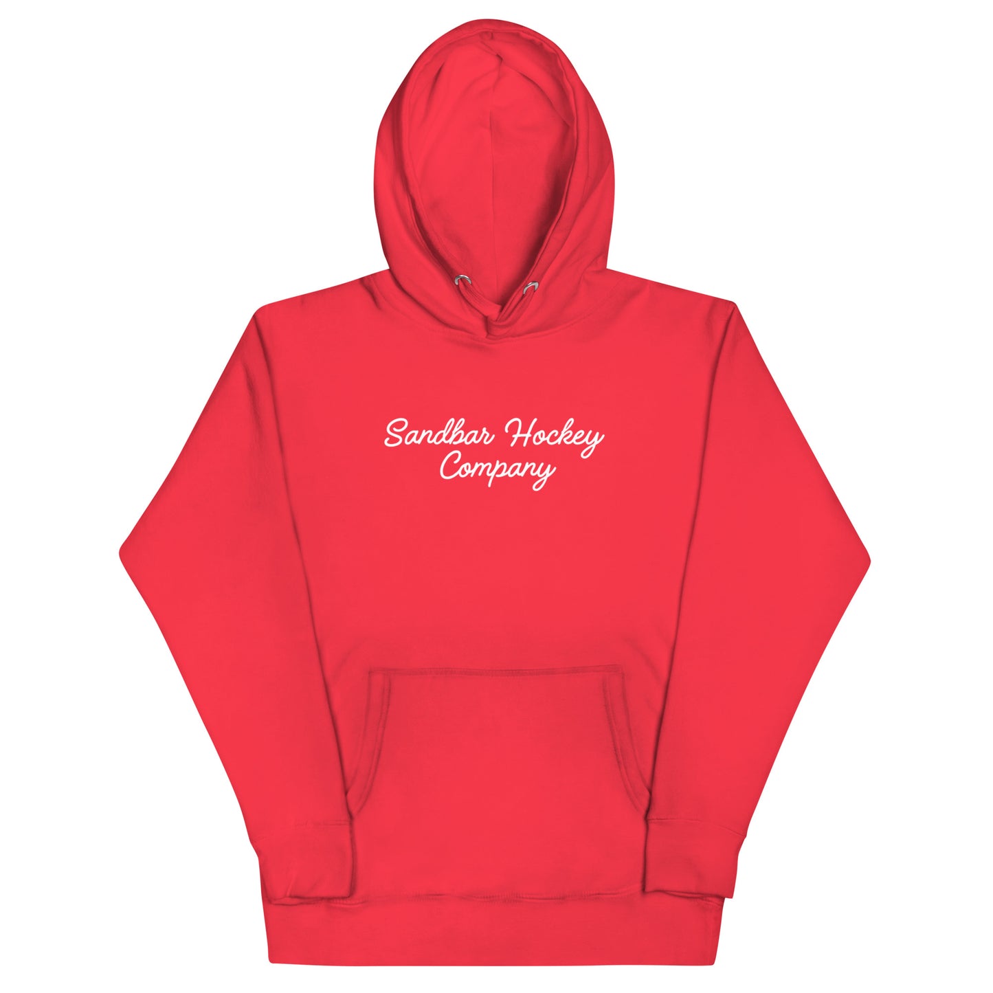 Red hockey dad hoodie front view with Sandbar Hockey Company script on the chest.