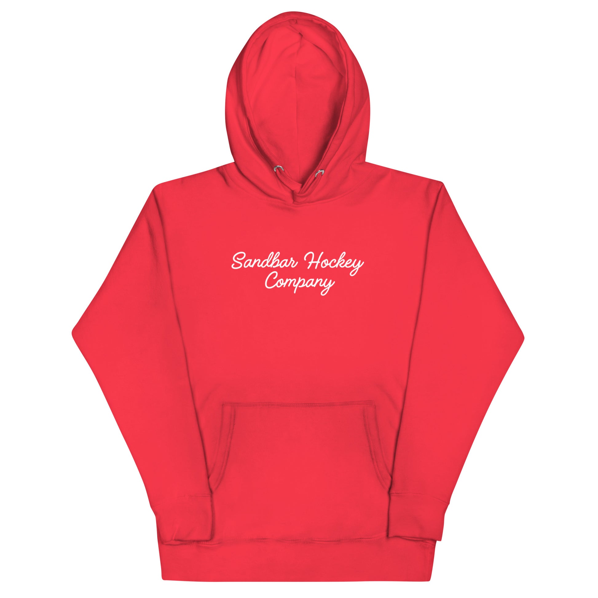 Red hockey dad hoodie front view with Sandbar Hockey Company script on the chest.