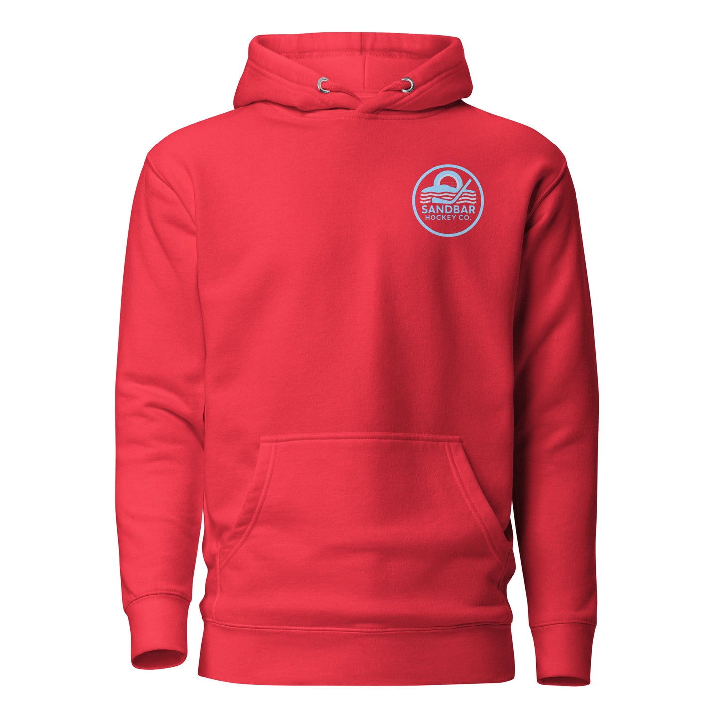 Red roller hockey hoodie front view with blue Sandbar Hockey Co. chest logo.