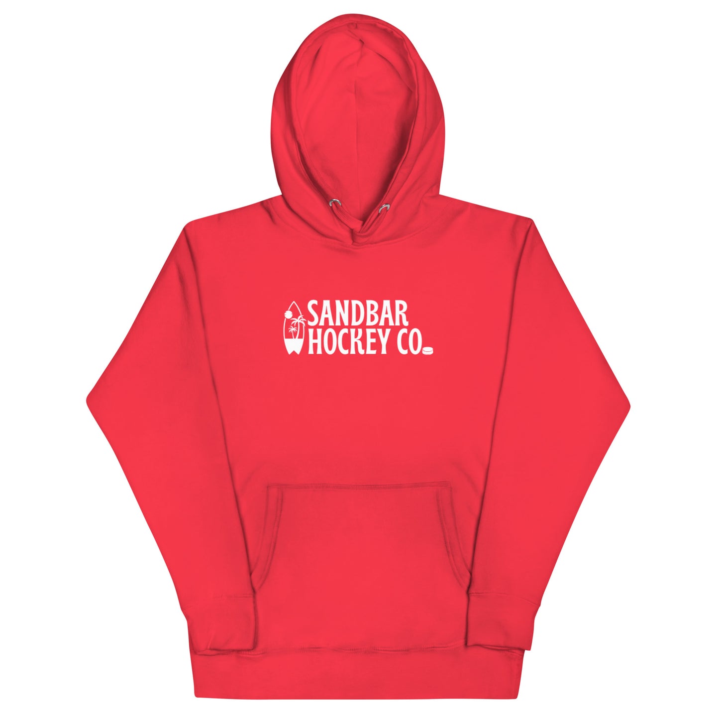 Red Surfside Hockey Hoodie with white Sandbar Hockey Co. surfboard front logo