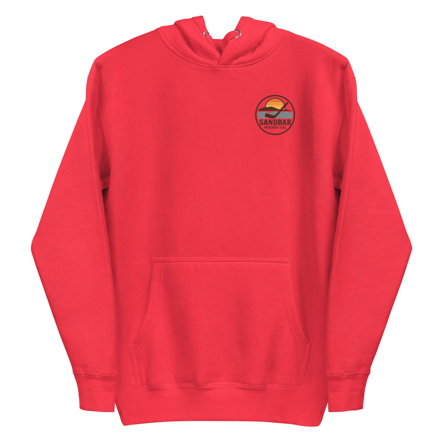 Red hockey dog hoodie with a small round Sandbar Hockey Co. sunset logo on the front left chest