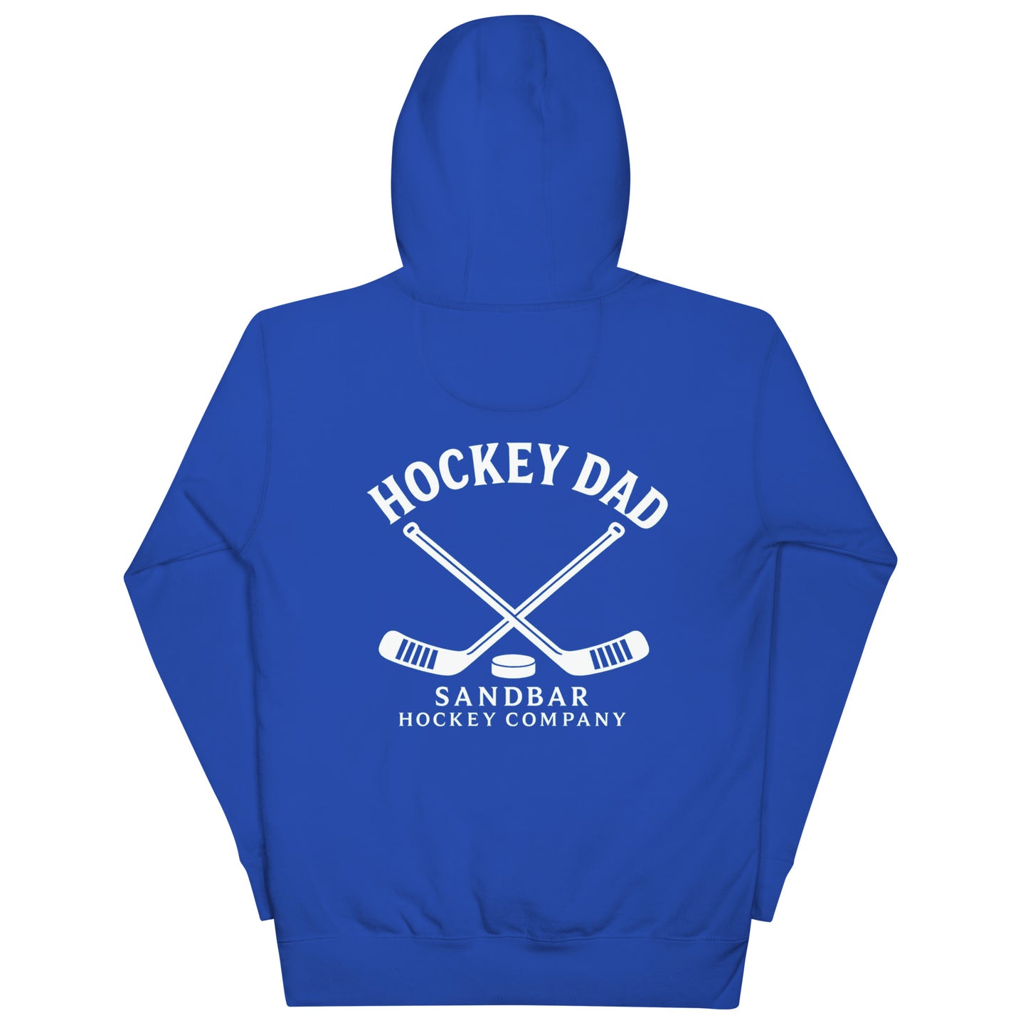 Royal blue hockey dad hoodie back view with Hockey Dad Sandbar Hockey Company graphic, crossed hockey sticks, and puck.