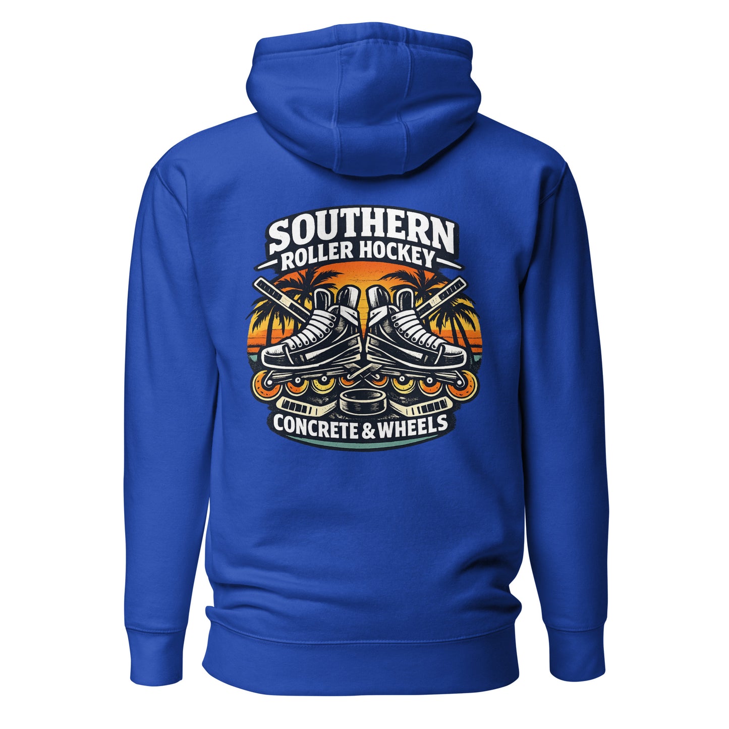 Royal blue southern roller hockey hoodie back view with Southern Roller Hockey Concrete & Wheels graphic featuring inline skates, palm trees, sticks, and puck.
