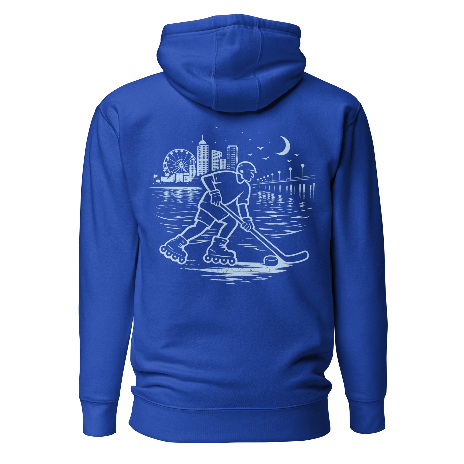 Royal blue roller hockey hoodie back view with baby blue waterfront roller hockey graphic featuring a skater, city skyline, ferris wheel, pier, moon, and water reflections.