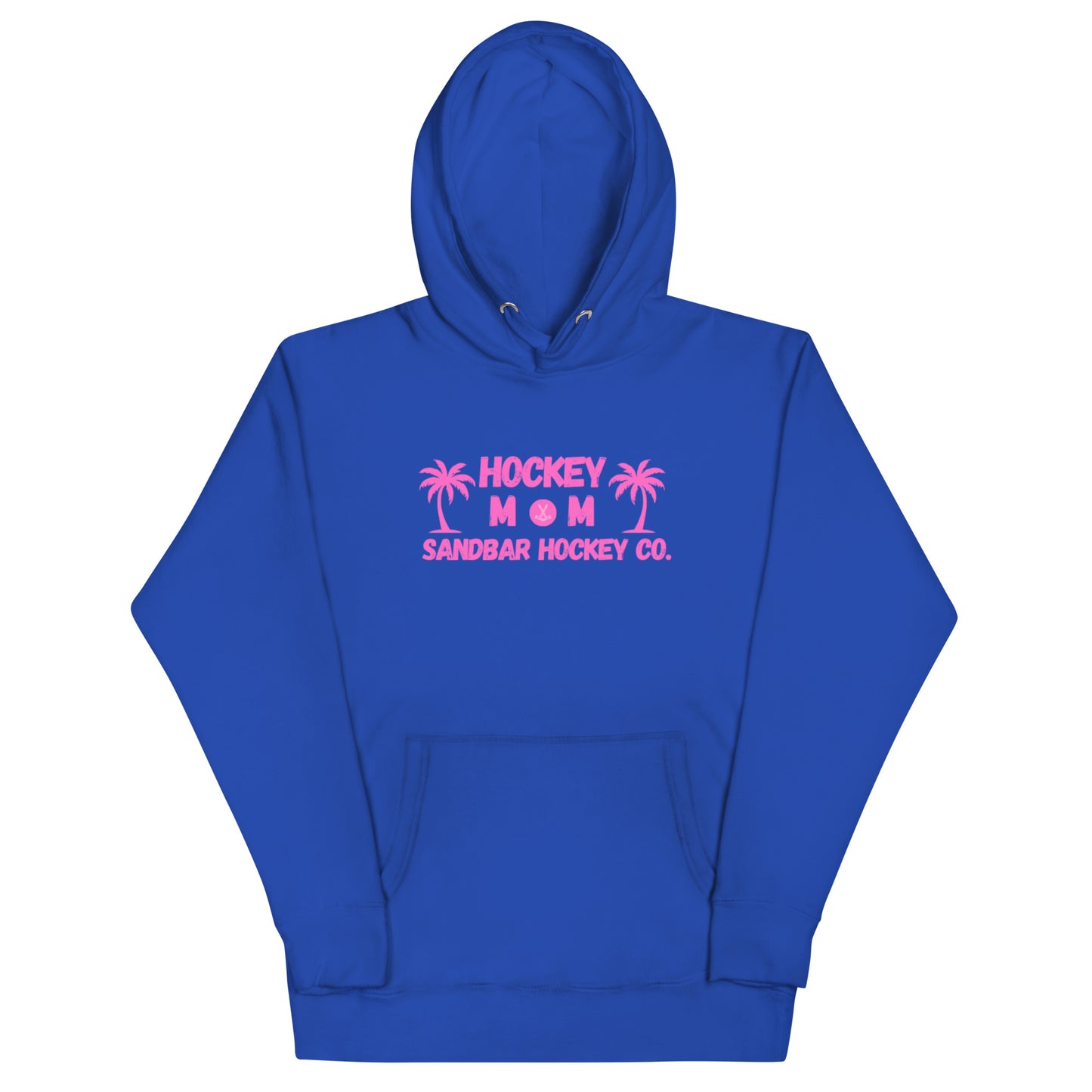 Royal blue hockey mom hoodie front view with pink Hockey Mom Sandbar Hockey Co. graphic on the chest.