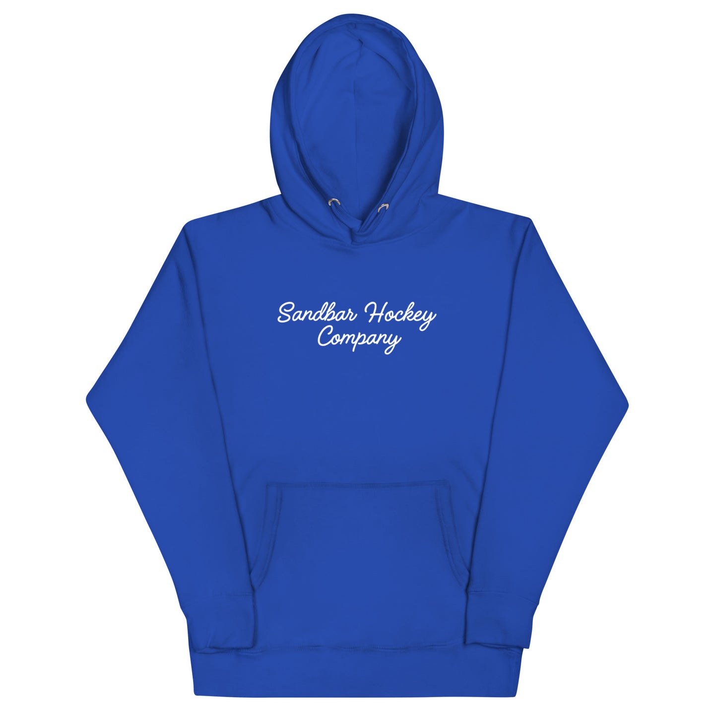 Royal blue hockey dad hoodie front view with Sandbar Hockey Company script on the chest.