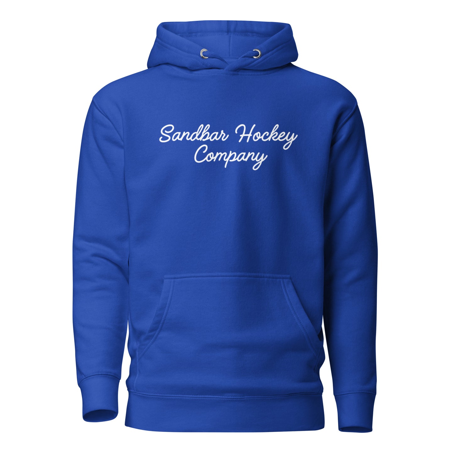 Royal blue southern roller hockey hoodie front view with Sandbar Hockey Company script on the chest.