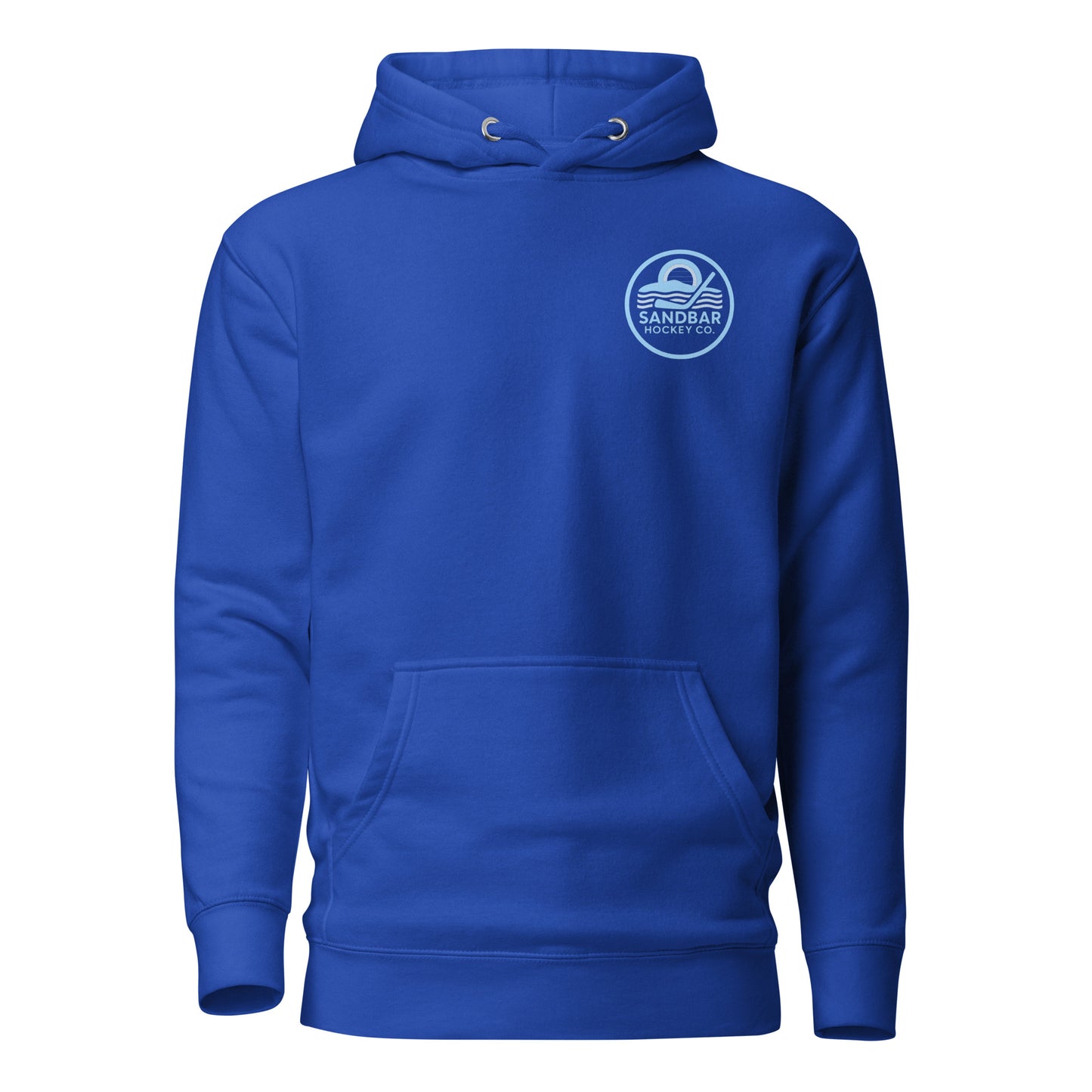 Royal blue roller hockey hoodie front view with blue Sandbar Hockey Co. chest logo.