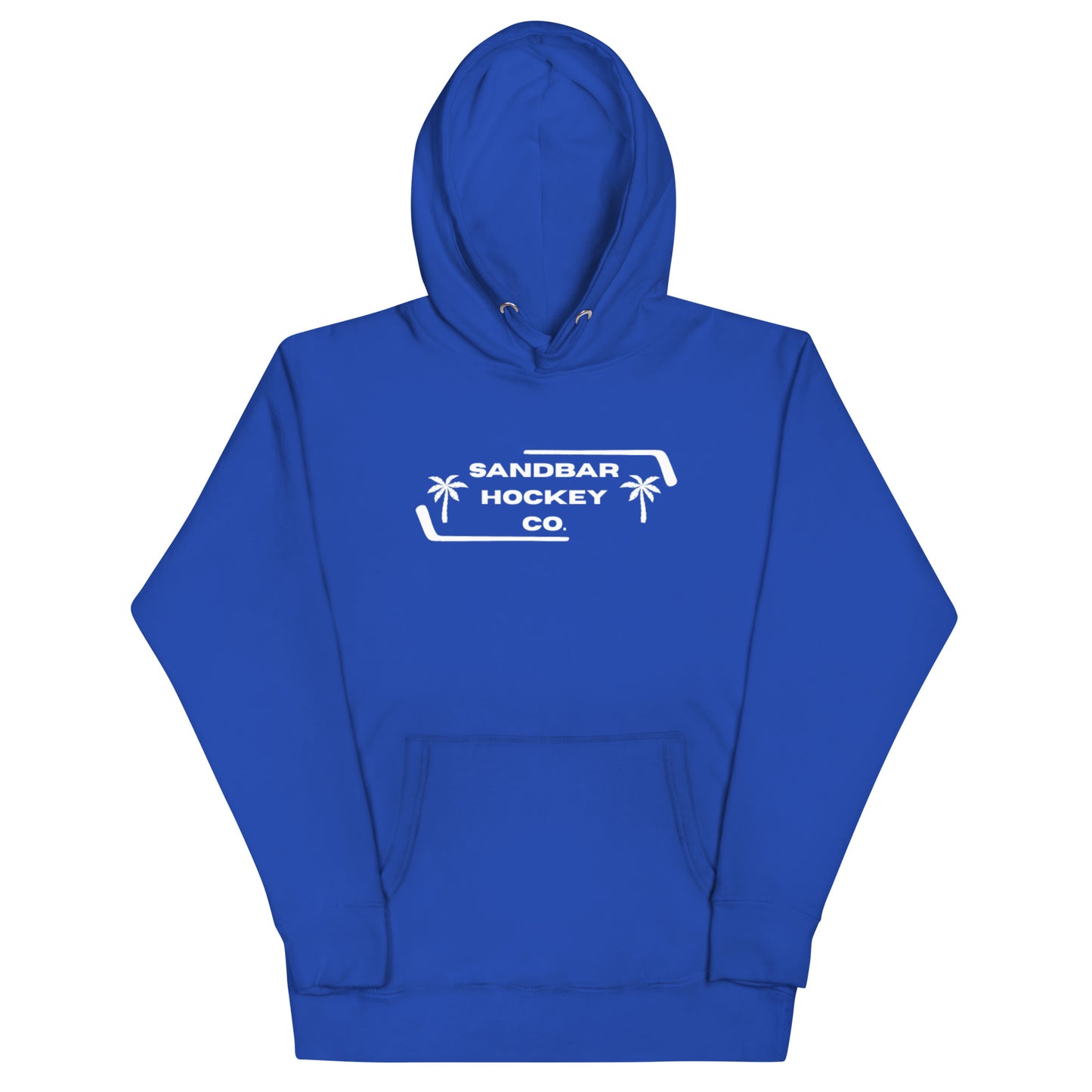 Royal blue Palm Frame Hoodie with white Sandbar Hockey Co. palm frame front logo