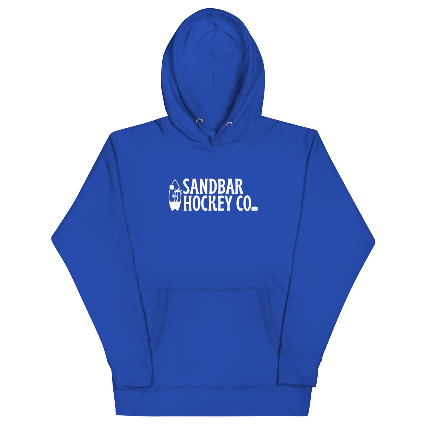 Royal blue Surfside Hockey Hoodie with white Sandbar Hockey Co. surfboard front logo