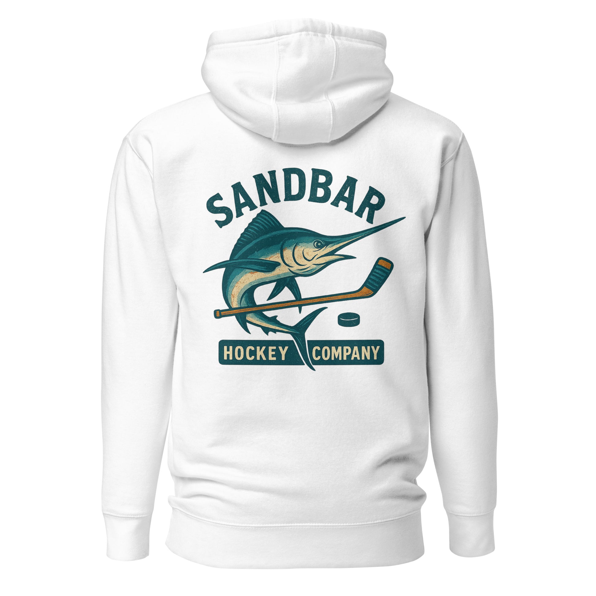 White hockey hoodie back side with large marlin, hockey stick, and puck graphic with Sandbar Hockey Company text