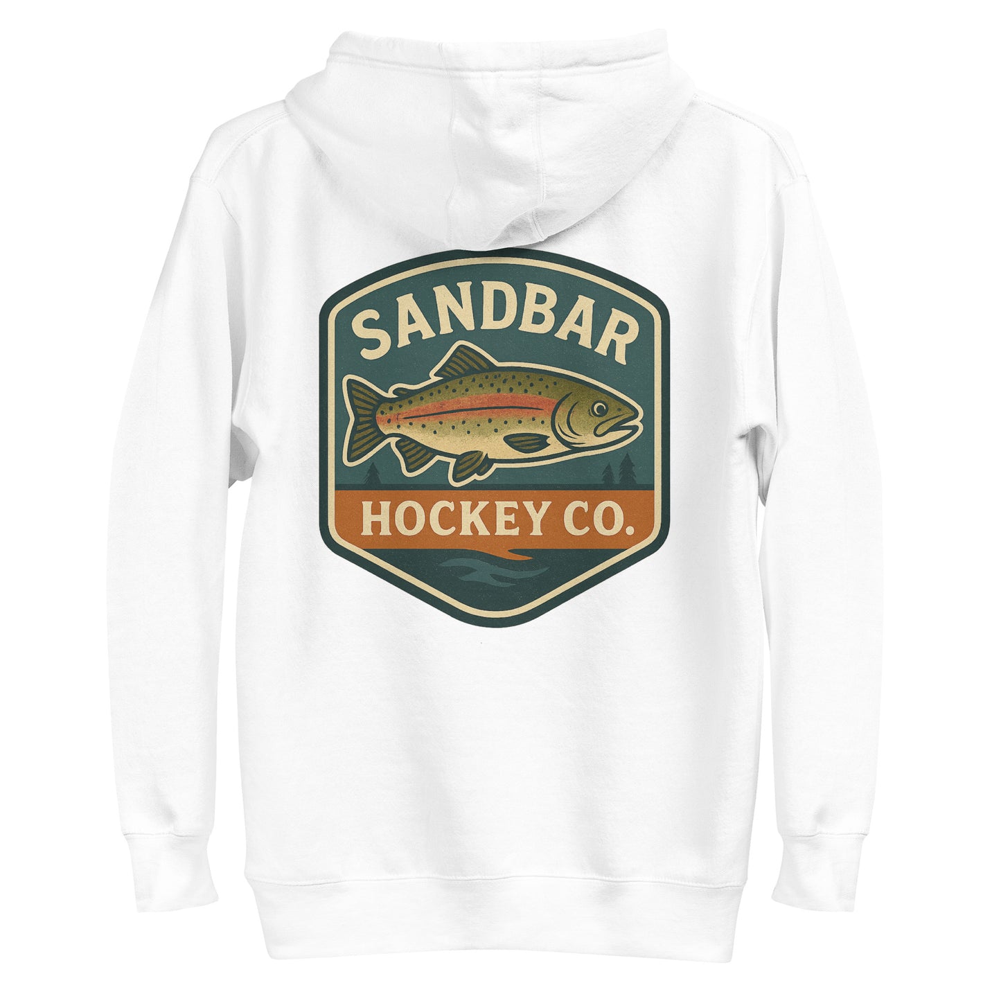 White hockey hoodie back side with large Sandbar Hockey Co. trout badge graphic