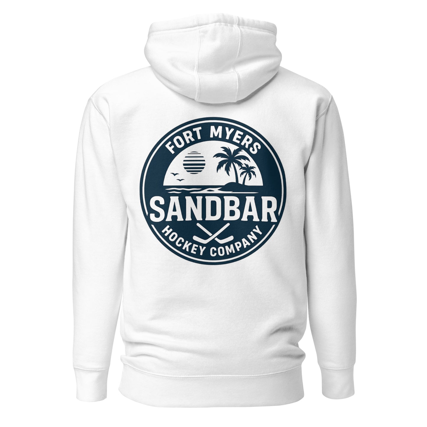 White Fort Myers Sandbar Hockey hoodie back view with large circular Fort Myers Sandbar Hockey Company graphic featuring palm trees, water, sunset, birds, and crossed hockey sticks