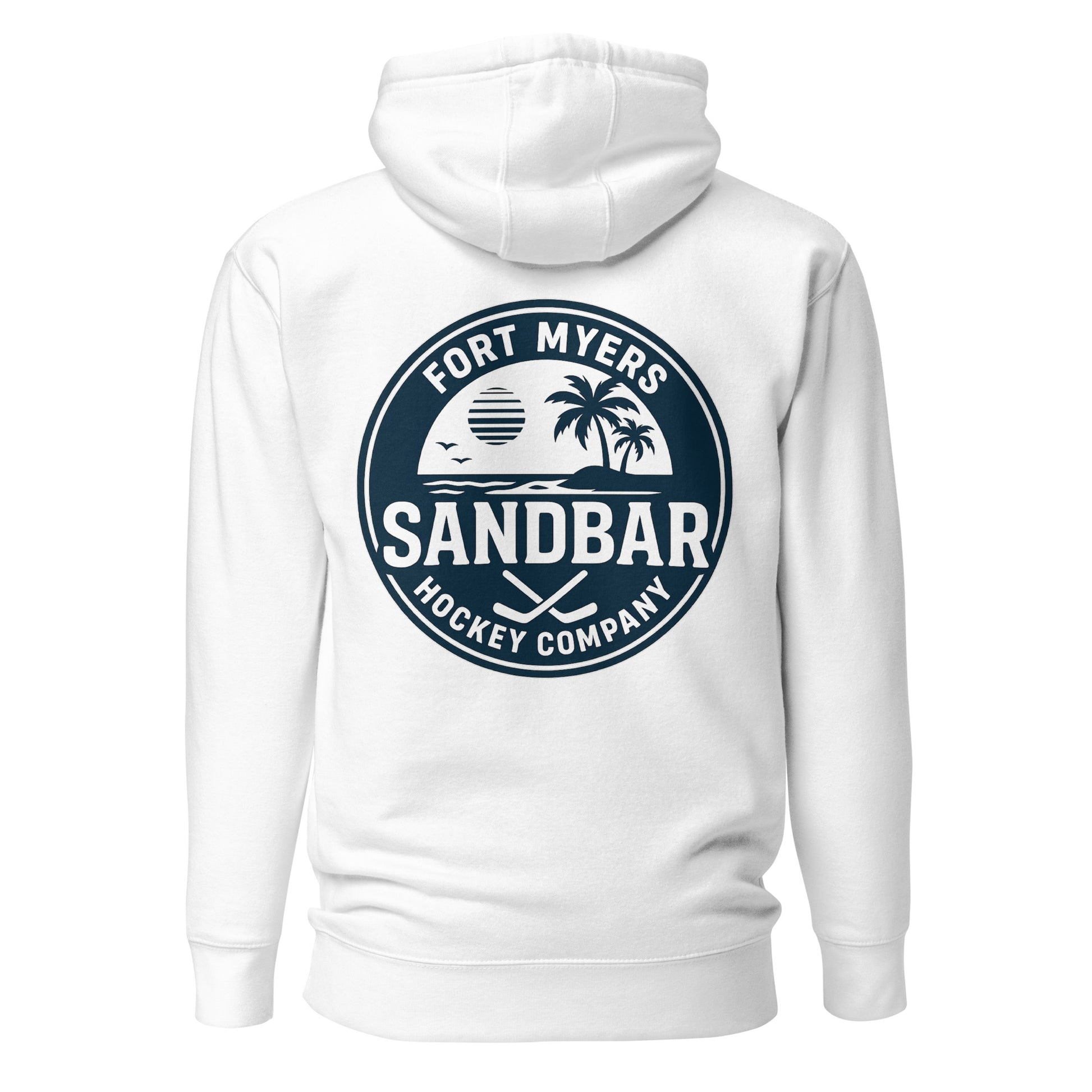 White Fort Myers Sandbar Hockey hoodie back view with large circular Fort Myers Sandbar Hockey Company graphic featuring palm trees, water, sunset, birds, and crossed hockey sticks