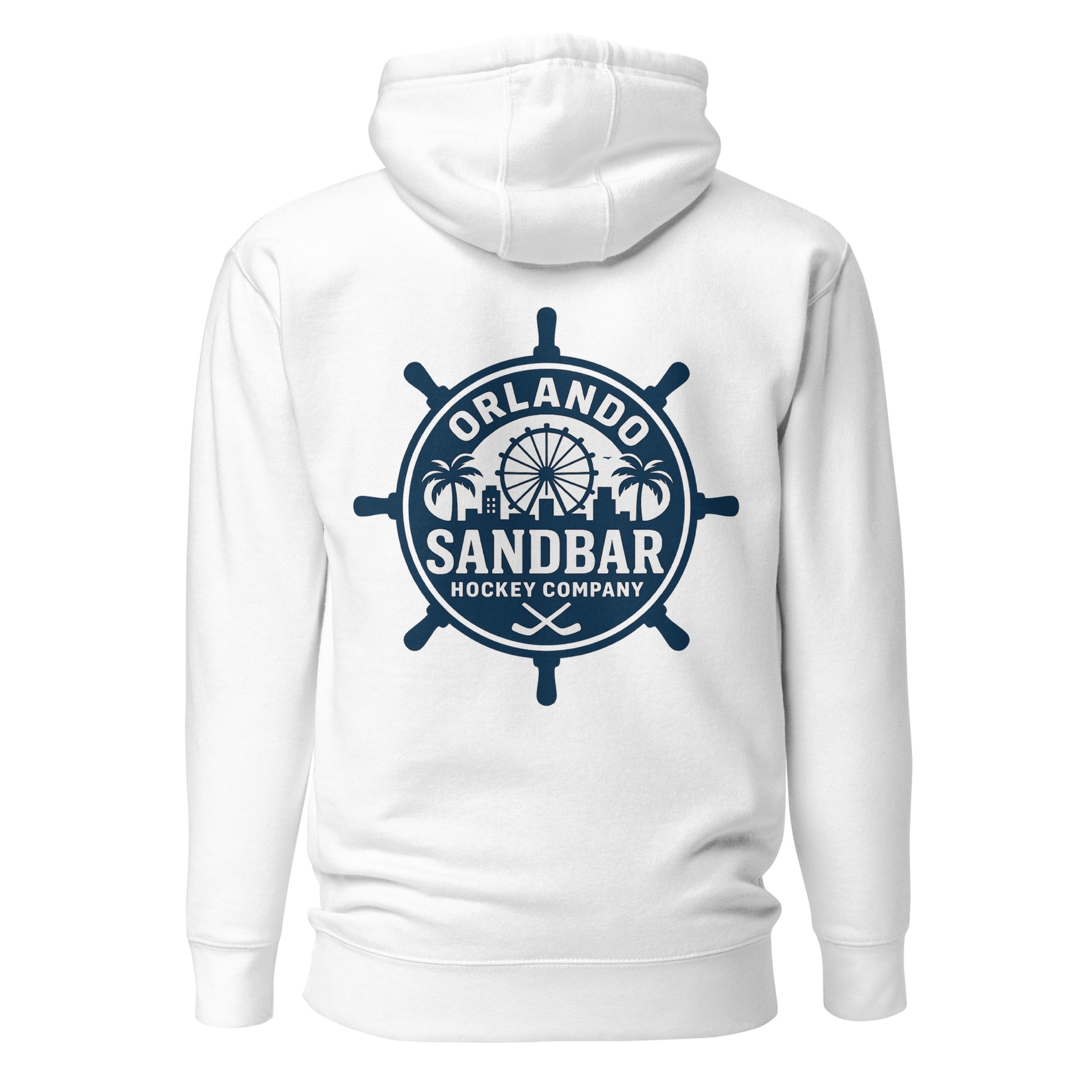 White Orlando Sandbar Hockey hoodie back view with large circular ship wheel graphic featuring Orlando text, Ferris wheel, palm trees, skyline, crossed hockey sticks, and Hockey Company wording