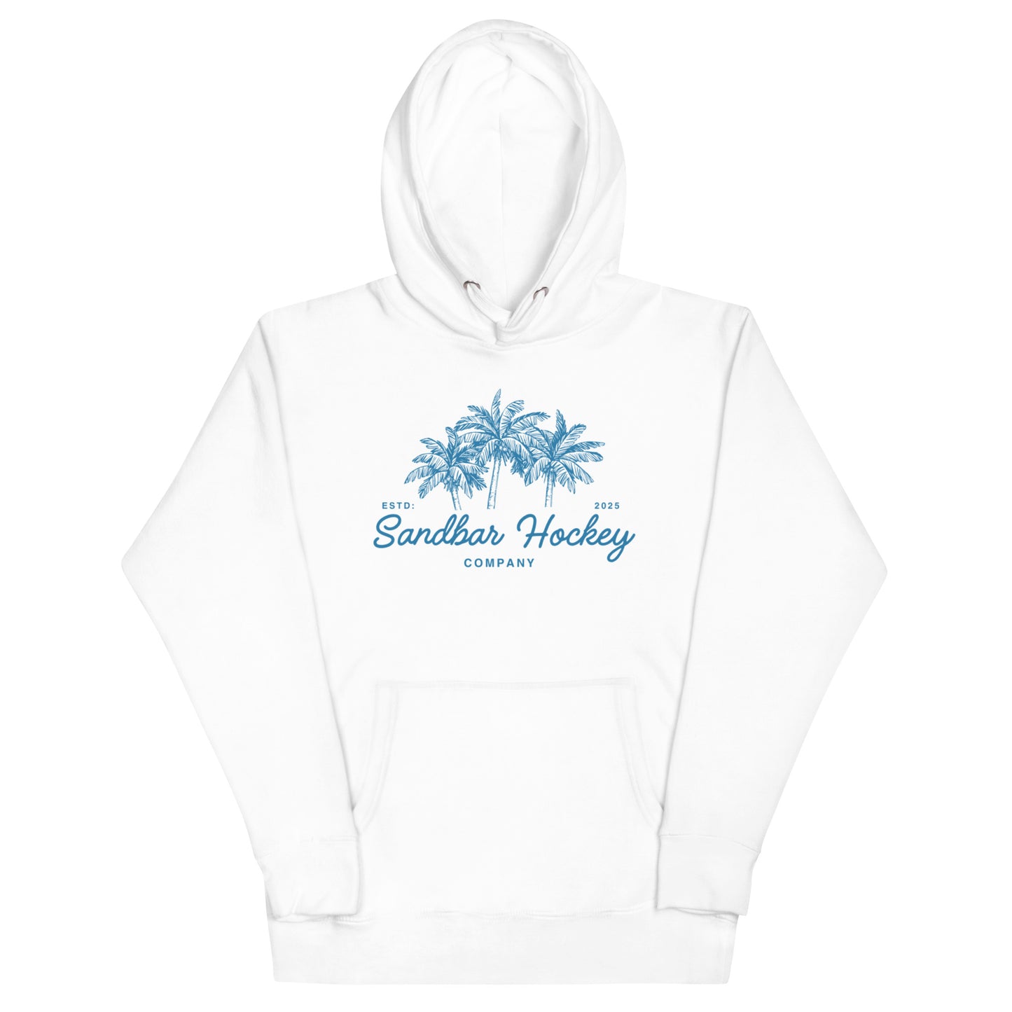 White hockey hoodie front side with blue palm tree graphic and Sandbar Hockey Company cursive logo