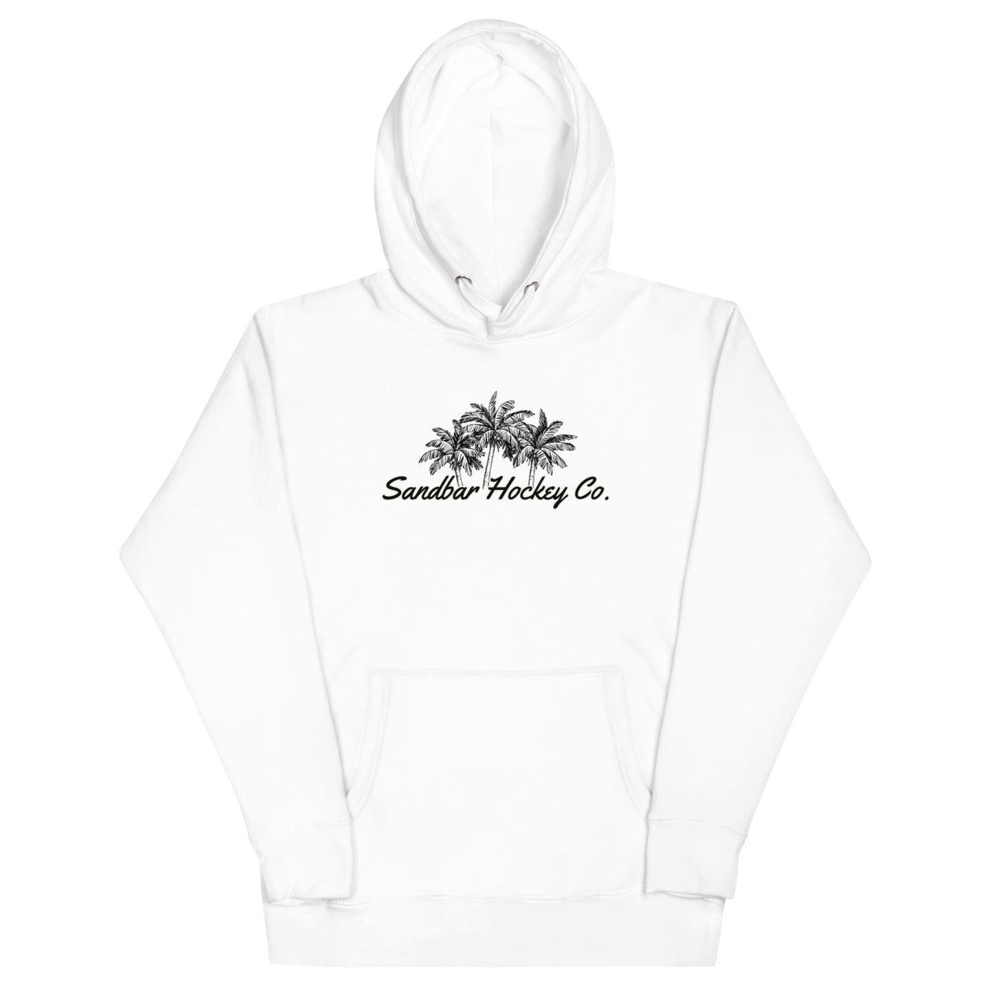 White hockey hoodie front side with black palm tree Sandbar Hockey Co. chest logo
