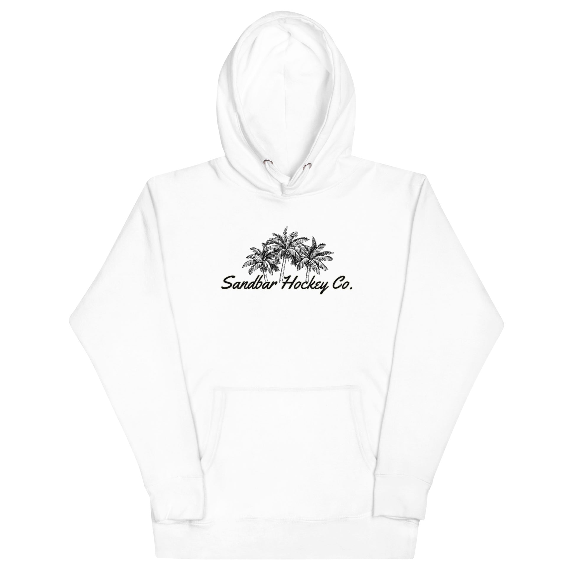 White hockey hoodie front side with black palm tree Sandbar Hockey Co. chest logo