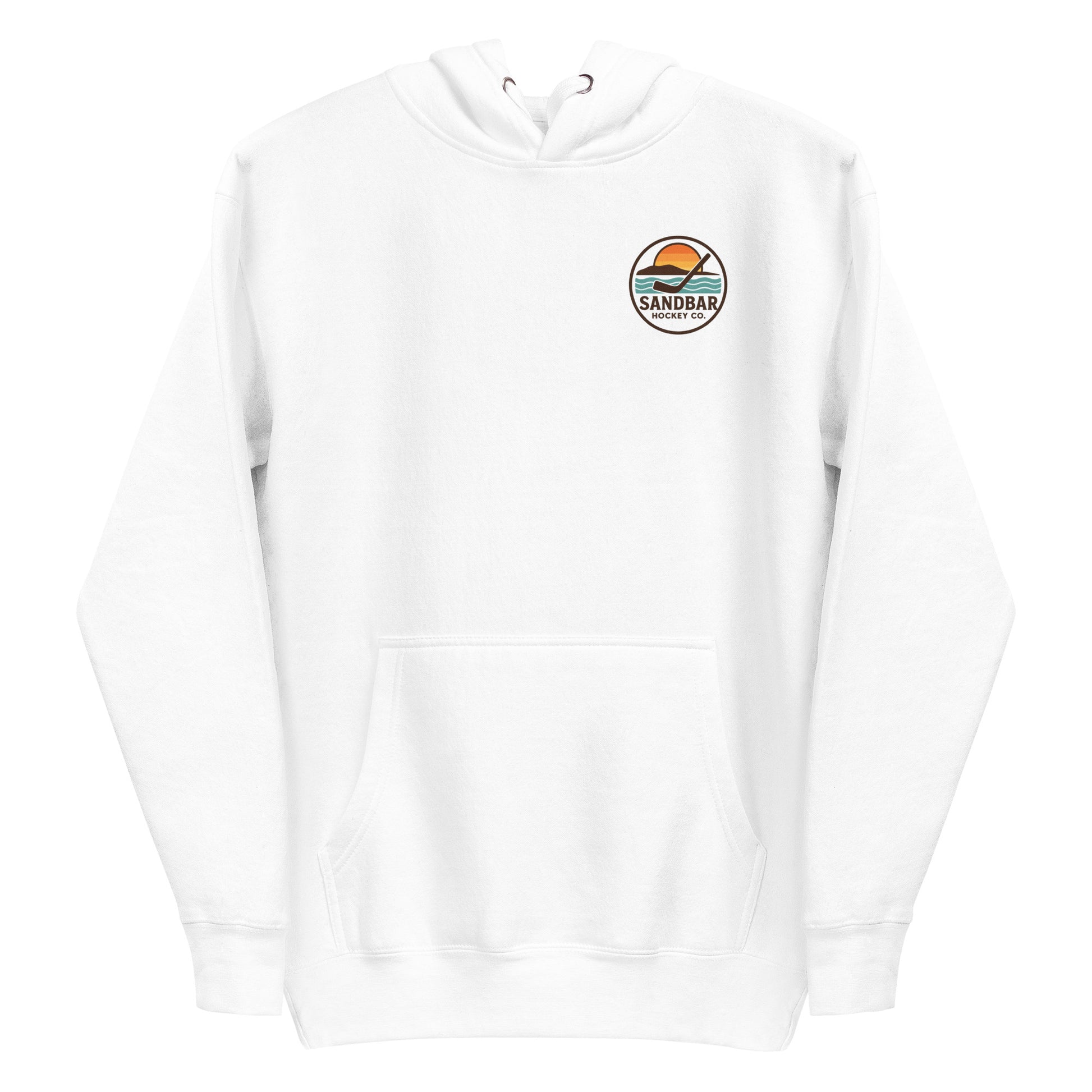 White hockey hoodie front side with small circular Sandbar Hockey Co. chest logo featuring sunset, water, and hockey stick