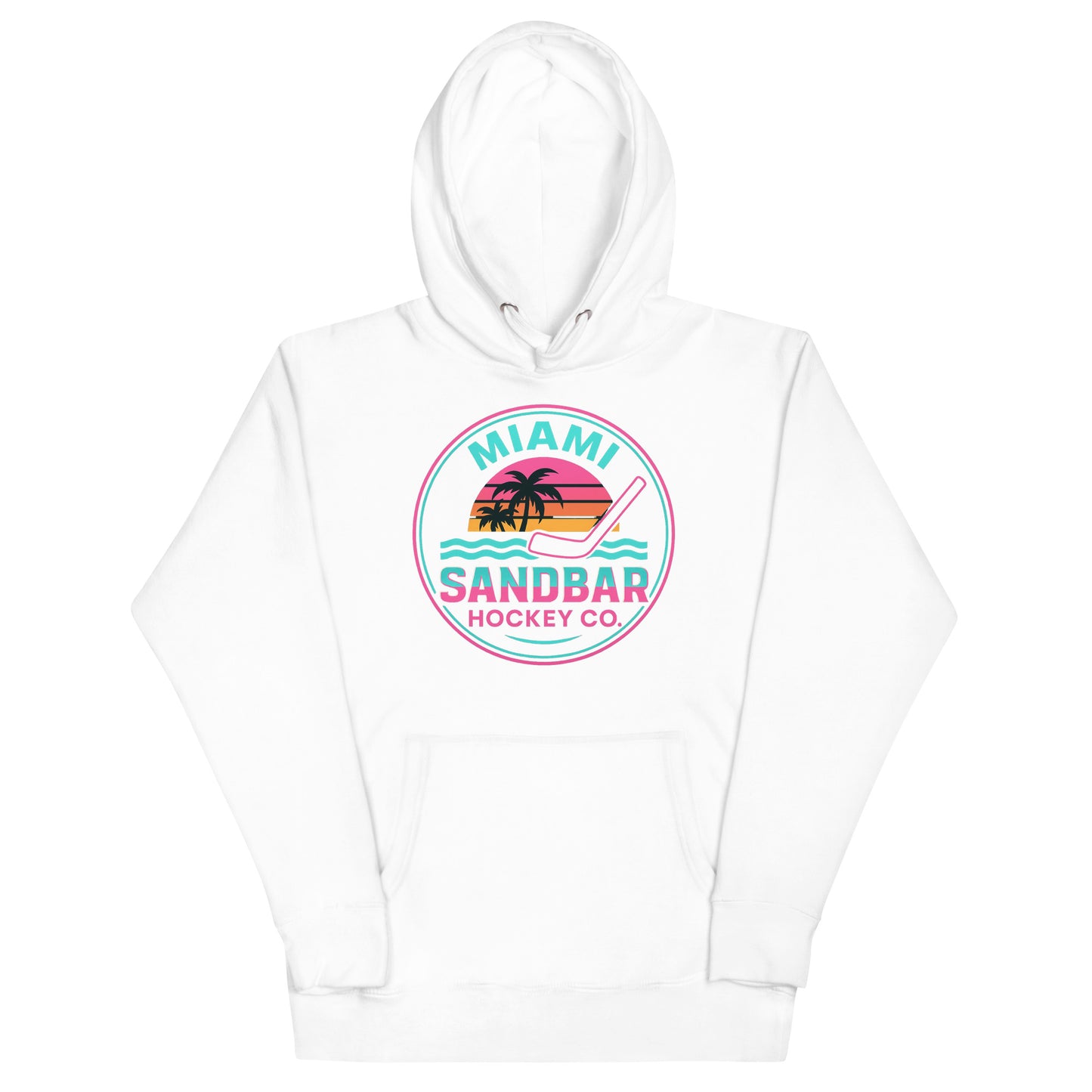 White Miami Sandbar Hockey hoodie front view with circular neon-style Miami Sandbar Hockey Co. graphic featuring palm trees, sunset stripes, water, and a hockey stick