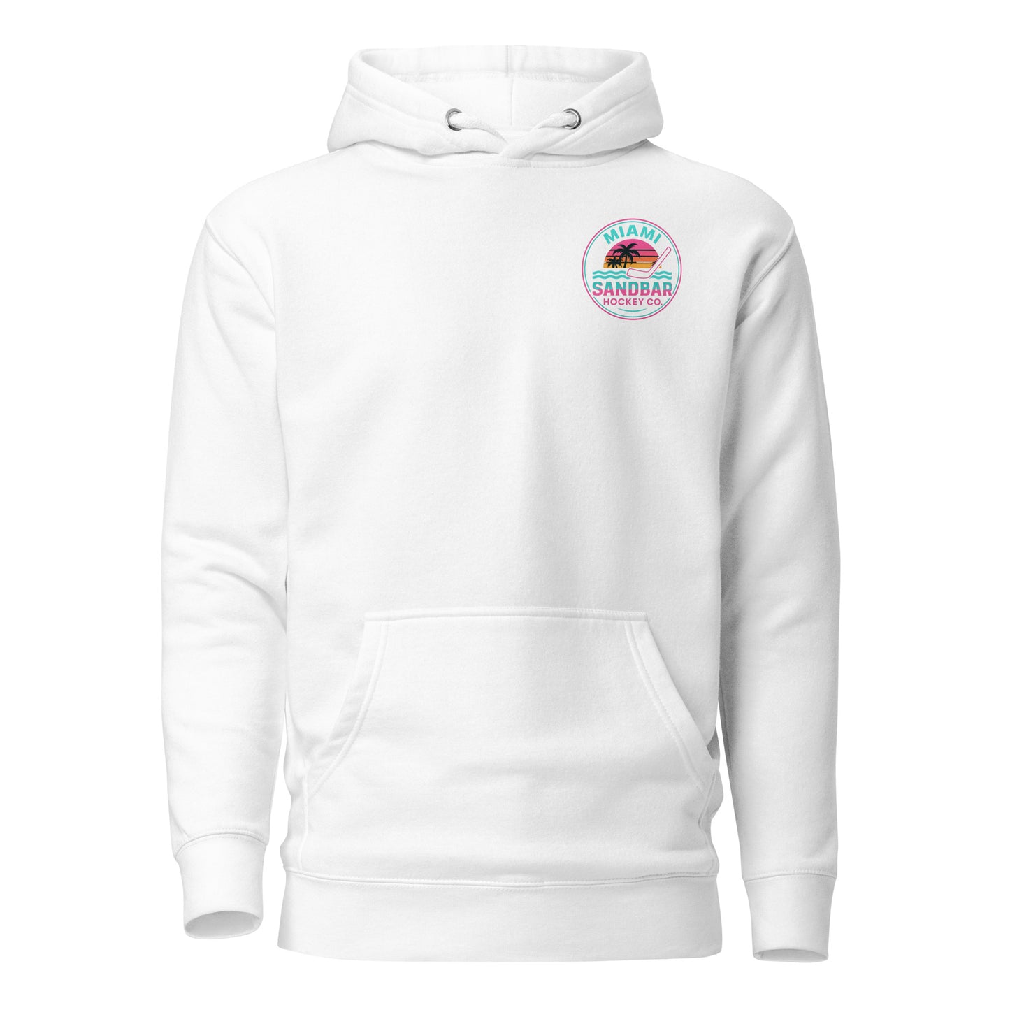 White Miami Sandbar Hockey hoodie front view with small circular Miami beach sunset logo on left chest