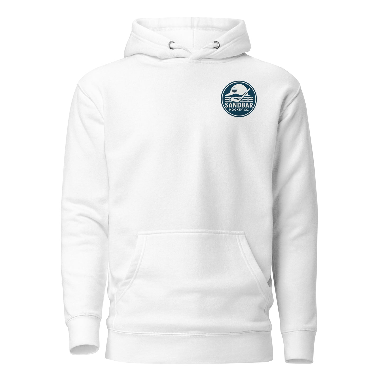 White Orlando Sandbar Hockey hoodie front view with small circular Sandbar Hockey Co. sunset and hockey stick logo on left chest