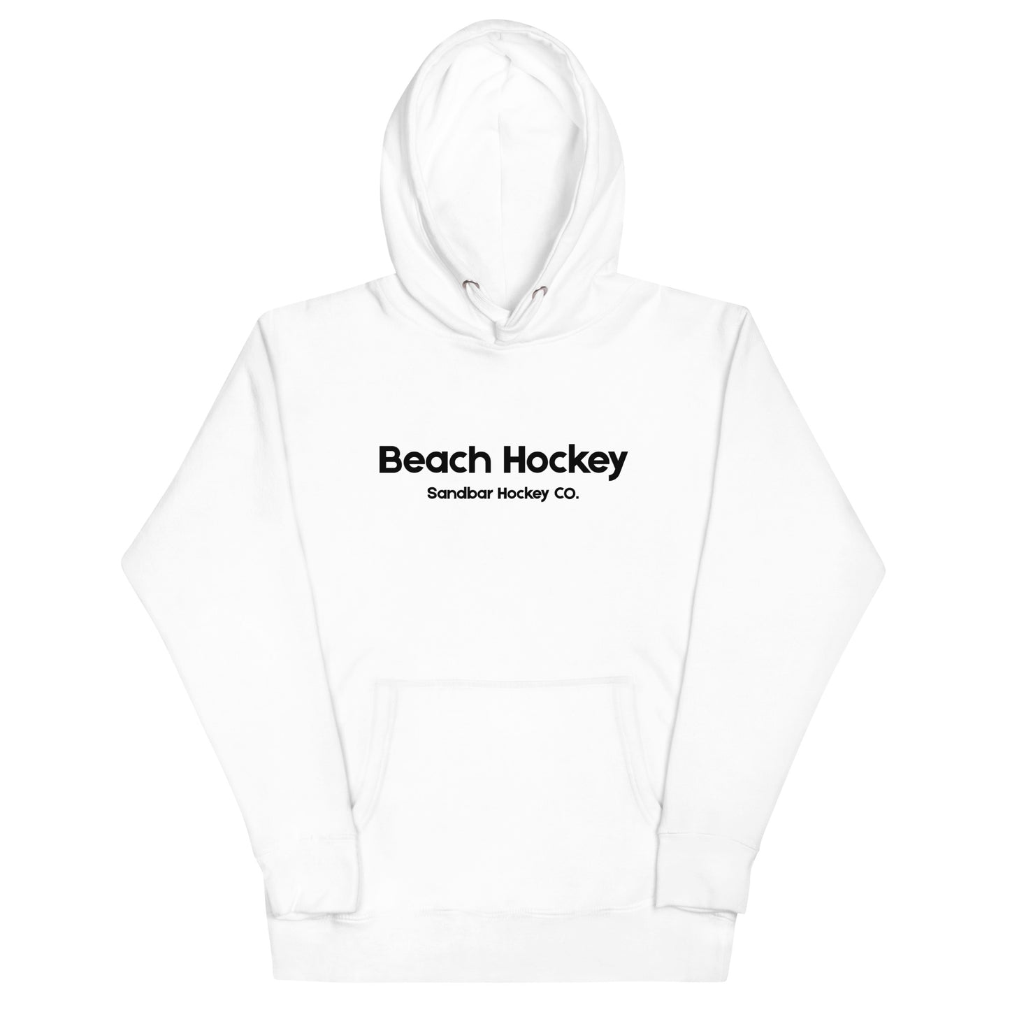 White beach hockey hoodie front view with Beach Hockey Sandbar Hockey Co. text on the chest.