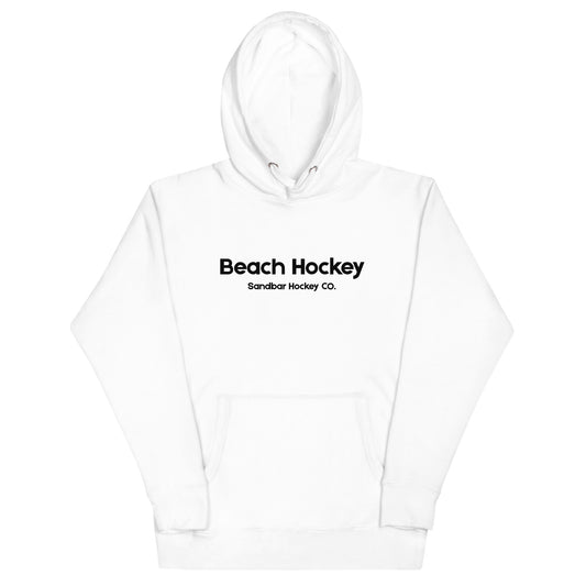 White beach hockey hoodie front view with Beach Hockey Sandbar Hockey Co. text on the chest.