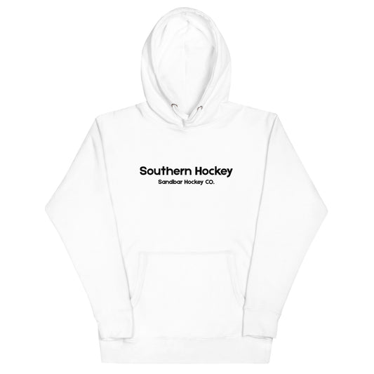 White southern hockey hoodie front view with Southern Hockey Sandbar Hockey Co. text on the chest.