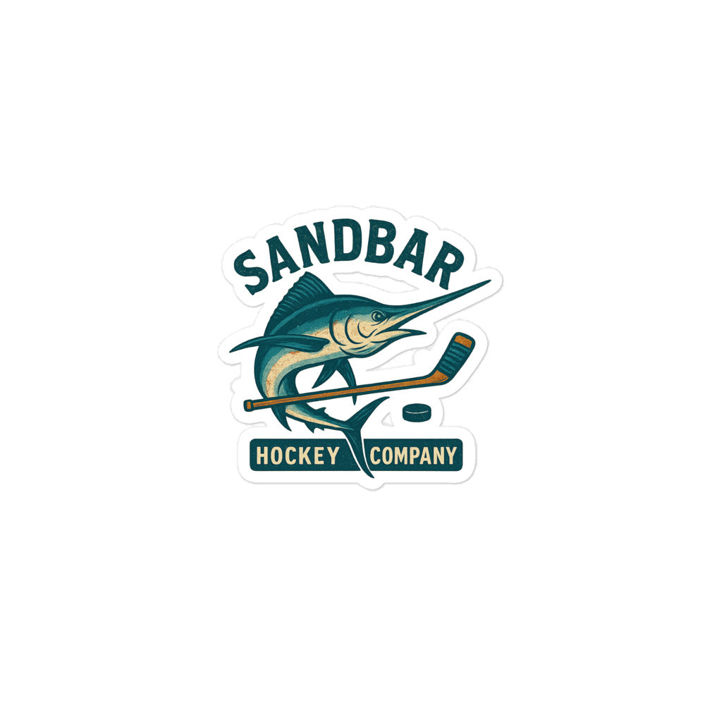 Small Sandbar Hockey Company sticker featuring a marlin fish with a hockey stick and puck and the words Sandbar Hockey Company.