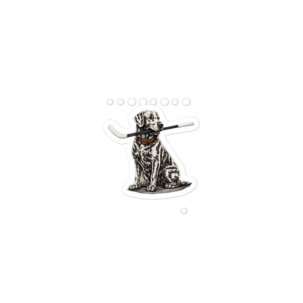 Small Hockey dog sticker featuring a detailed dog sitting with a hockey stick in its mouth.