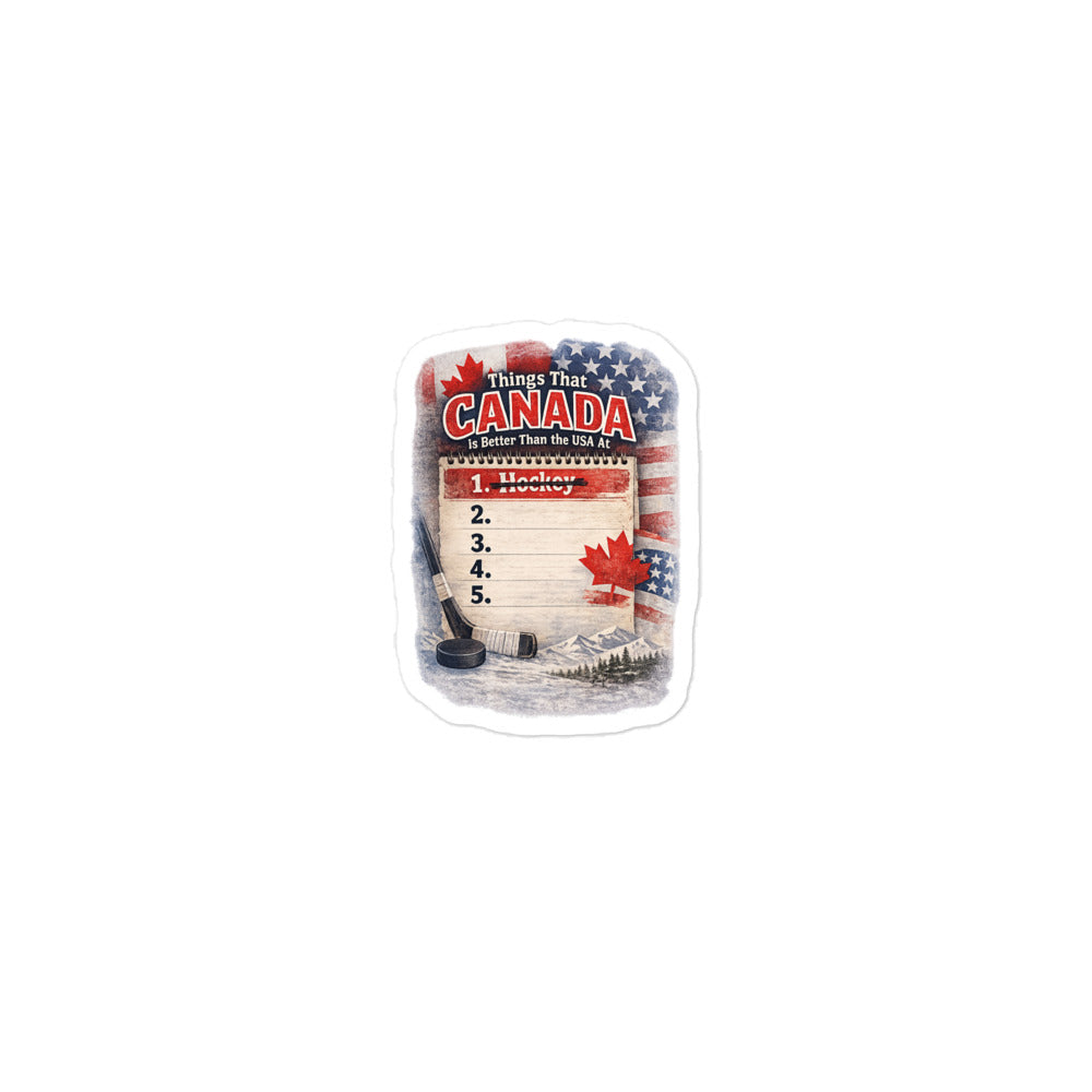 Small Funny Canada hockey sticker with a notepad design, hockey stick and puck, maple leaf, and patriotic flag background.