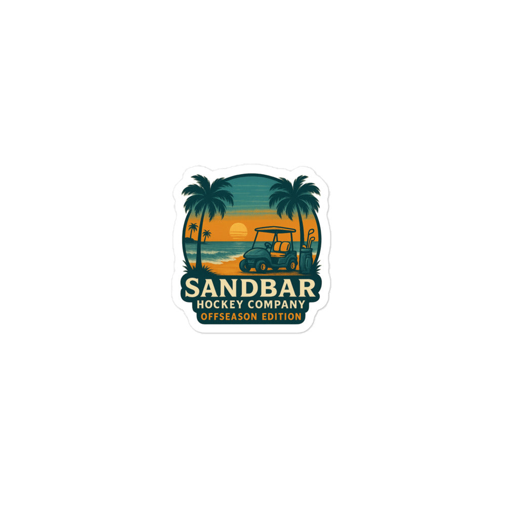 Small Sandbar Hockey Company Offseason Edition sticker with a sunset beach scene, palm trees, water, golf cart, and bold logo text.