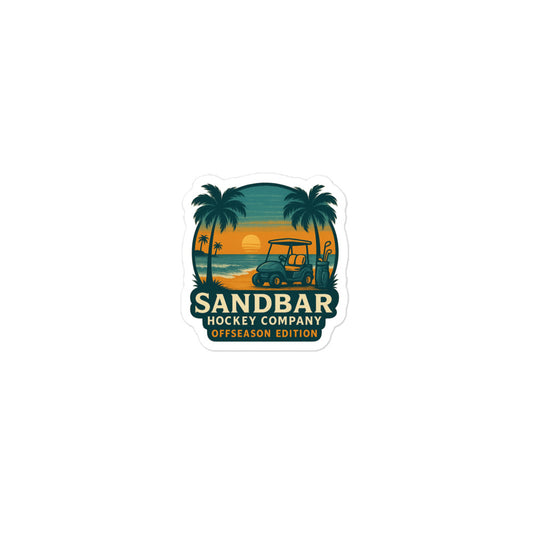 Small Sandbar Hockey Company Offseason Edition sticker with a sunset beach scene, palm trees, water, golf cart, and bold logo text.