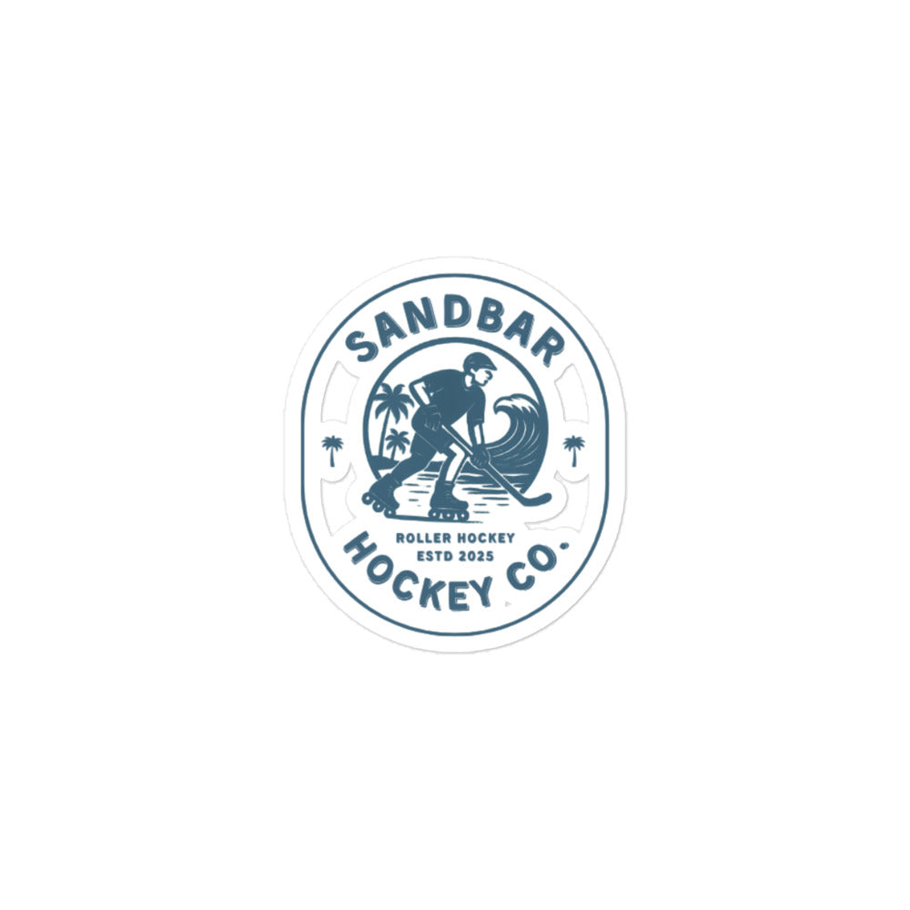Small Sandbar Hockey Co. roller hockey sticker with a circular logo featuring a roller hockey player, palm trees, ocean wave, and the words Sandbar Hockey Co.