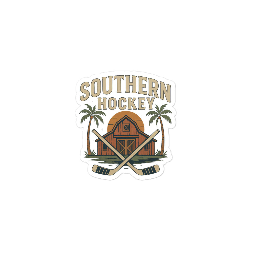 Small Southern Hockey sticker with bold text, crossed hockey sticks, palm trees, sunset, and a barn-inspired design.