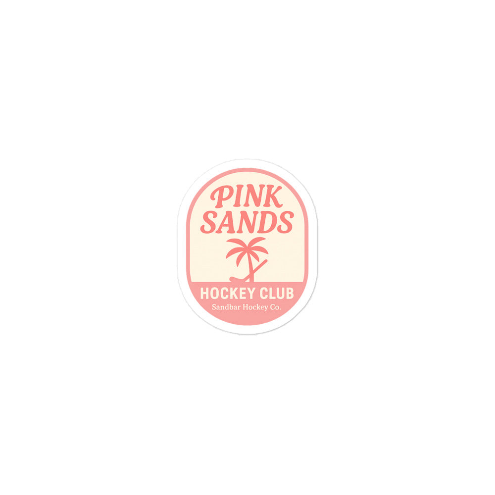 Small Pink Sands Hockey Club sticker with pink lettering, palm tree design, and Sandbar Hockey Co. text.