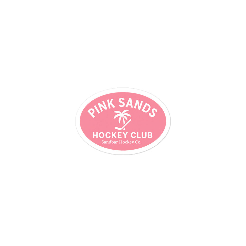 Small Pink Sands Hockey Club sticker with a pink oval logo, white lettering, palm tree, hockey stick, and Sandbar Hockey Co. text.