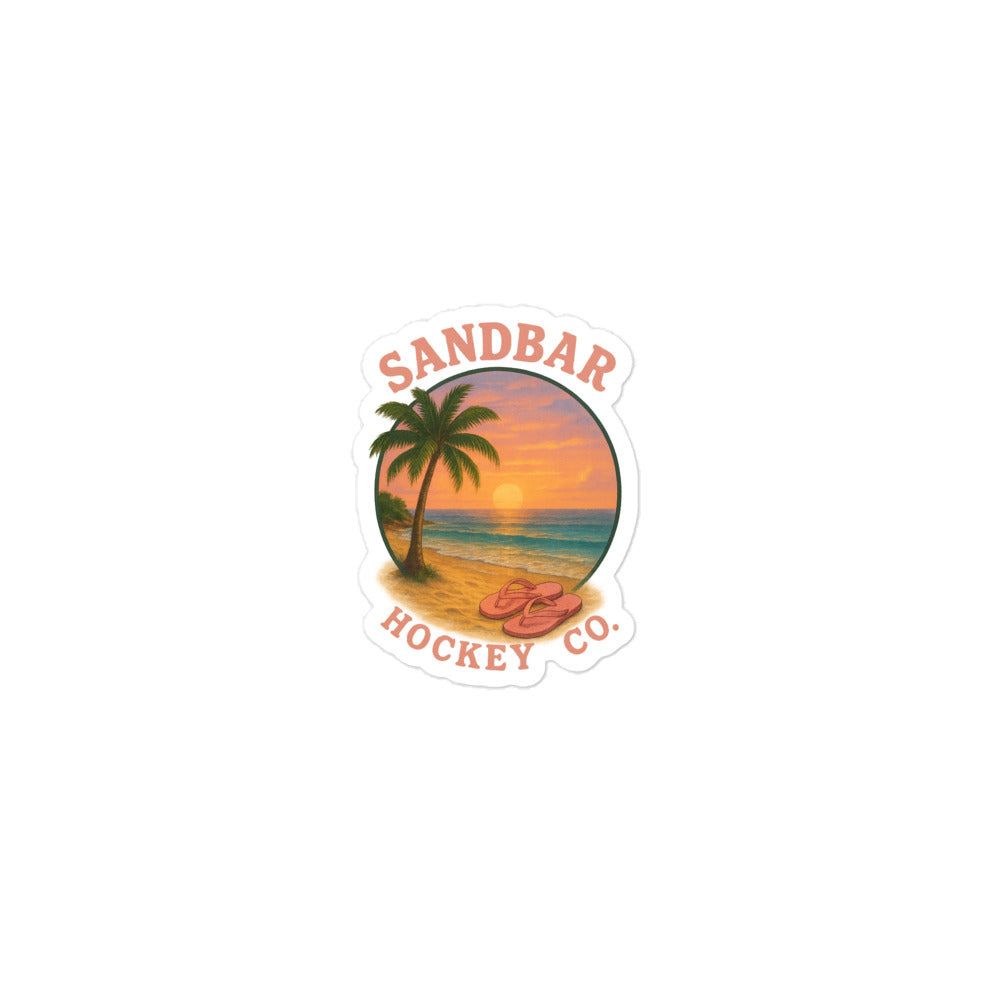 Small Sandbar Hockey Co. sticker with a palm tree, sunset, teal ocean waves, and orange retro-style logo text.