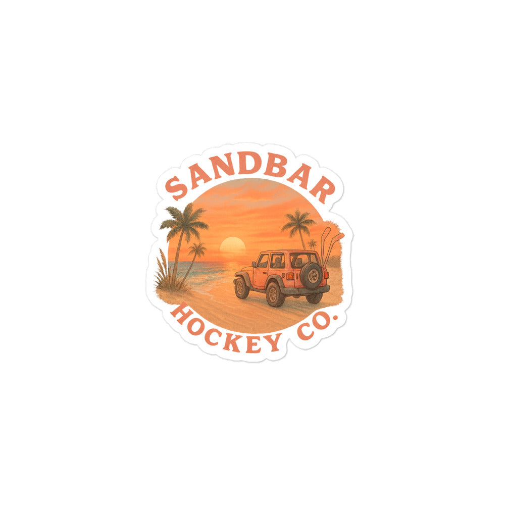 Small Sandbar Hockey Co. sticker with a sunset beach scene, palm trees, ocean, off-road vehicle, surfboards, and curved logo text.
