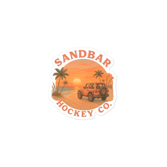 Small Sandbar Hockey Co. sticker with a sunset beach scene, palm trees, ocean, off-road vehicle, surfboards, and curved logo text.
