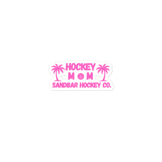 Small Pink Hockey Mom Sandbar Hockey Co. sticker featuring palm trees, hockey-inspired details, and bold coastal-style lettering.