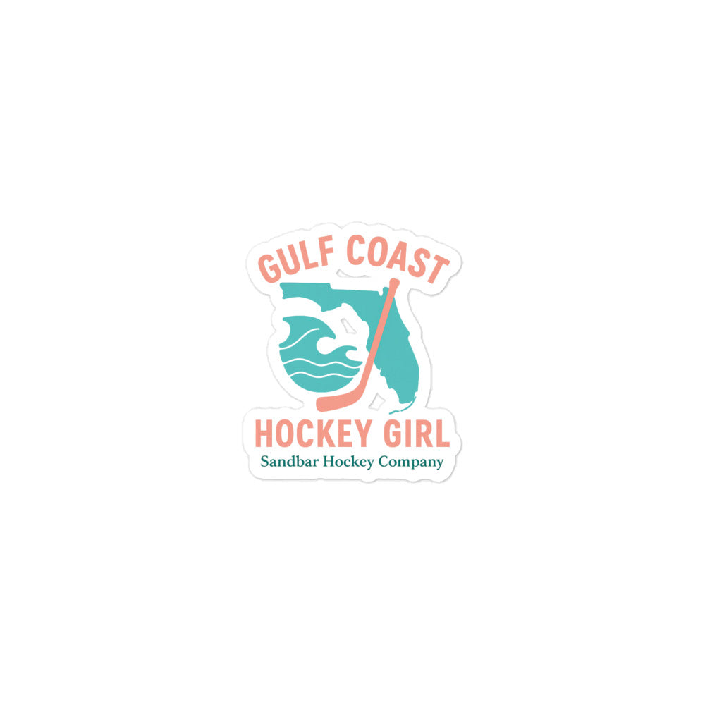 Small Gulf Coast Hockey Girl sticker by Sandbar Hockey Company featuring a Florida shape, wave graphic, and hockey stick in a coastal hockey design.