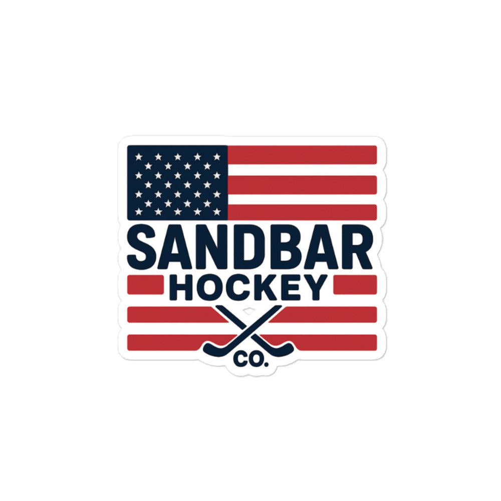 Medium Hockey sticker featuring a USA flag design with Sandbar Hockey Co. text and crossed hockey sticks
