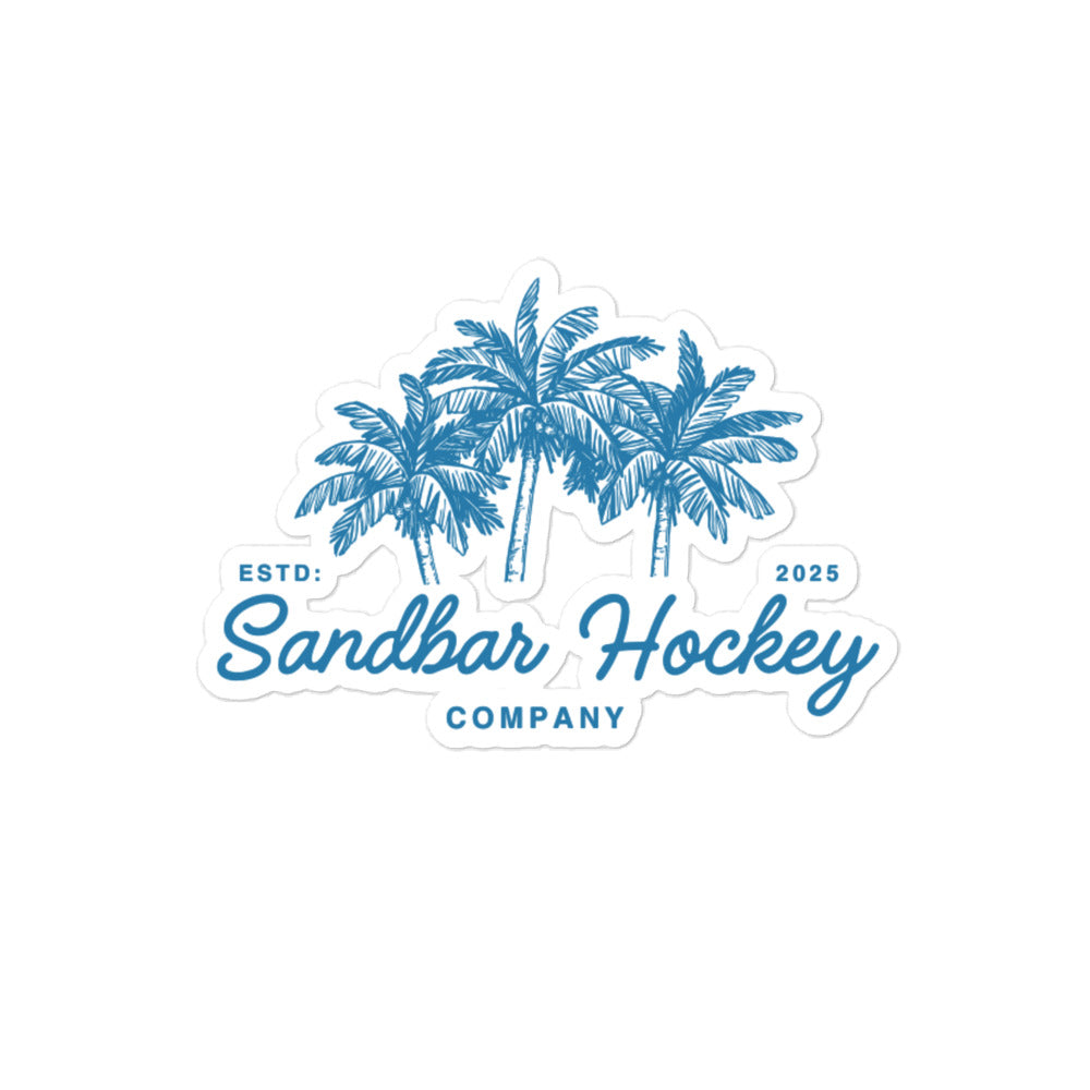 Medium Sandbar Hockey Company sticker with blue palm trees, script lettering, and the words Sandbar Hockey Company.