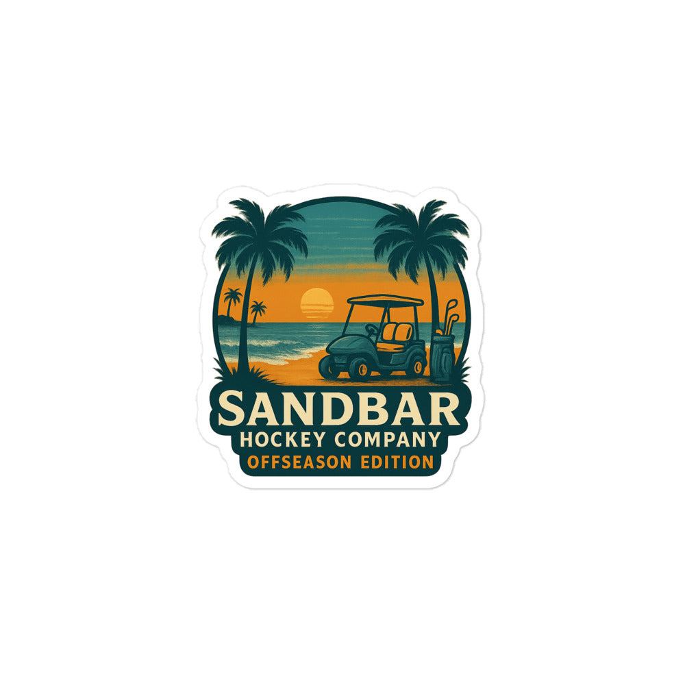 Medium Sandbar Hockey Company Offseason Edition sticker with a sunset beach scene, palm trees, water, golf cart, and bold logo text.