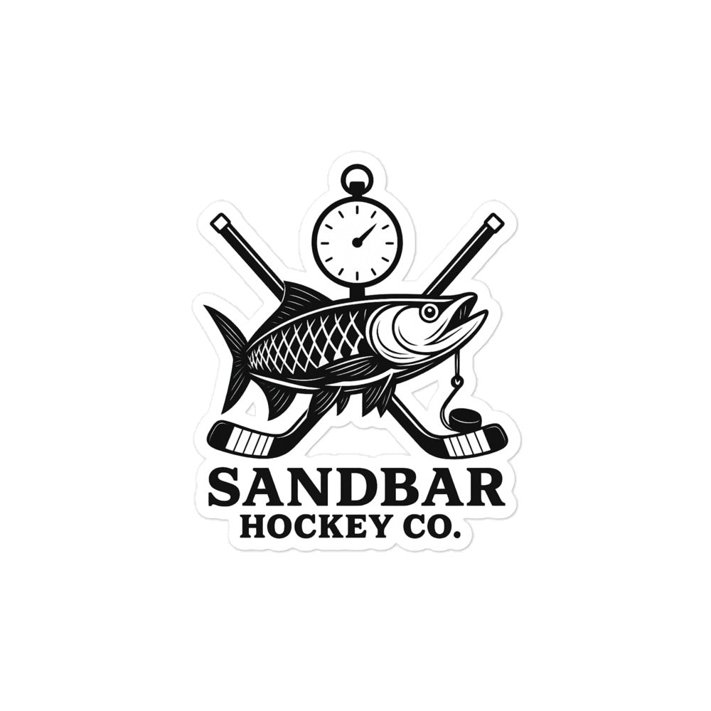 Medium Sandbar Hockey Co. sticker with a fish logo, crossed hockey sticks, a puck, a stopwatch, and the words Sandbar Hockey Co.