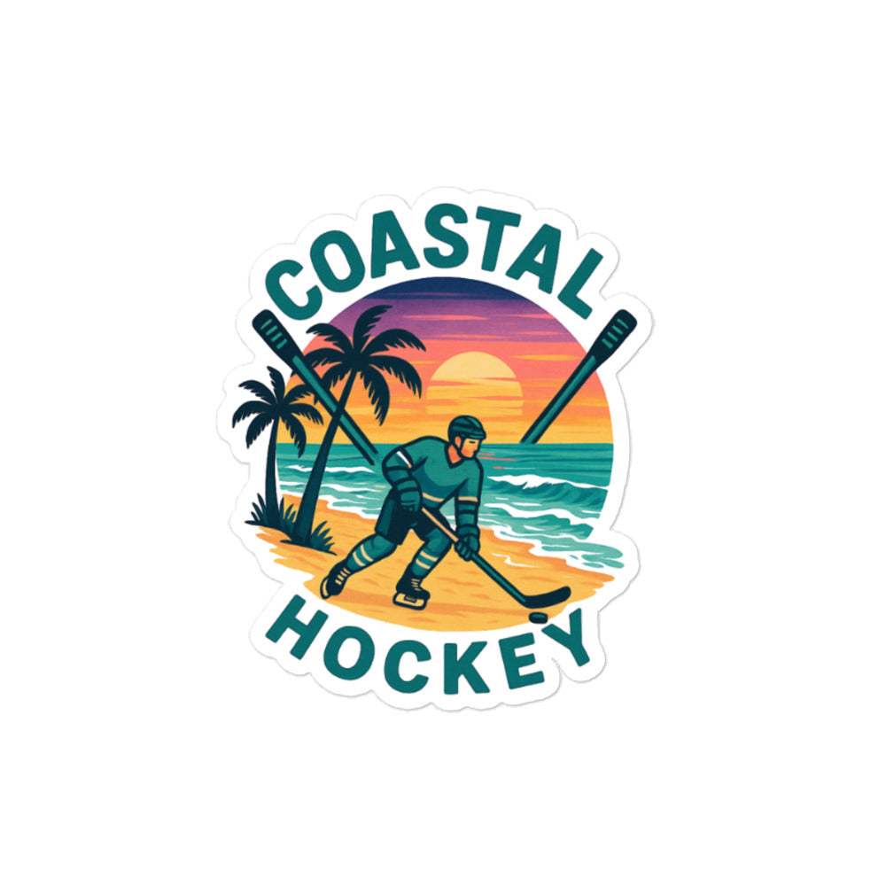 Medium Coastal Hockey sticker with a hockey player on a beach, palm trees, ocean waves, crossed sticks, and a colorful sunset background.