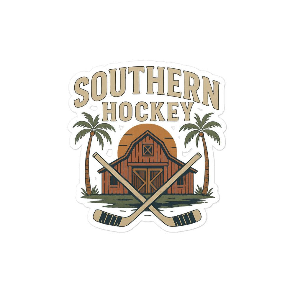 Medium Southern Hockey sticker with bold text, crossed hockey sticks, palm trees, sunset, and a barn-inspired design.