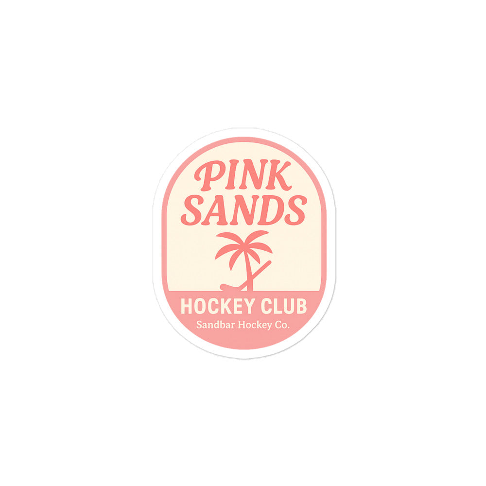 Medium Pink Sands Hockey Club sticker with pink lettering, palm tree design, and Sandbar Hockey Co. text.